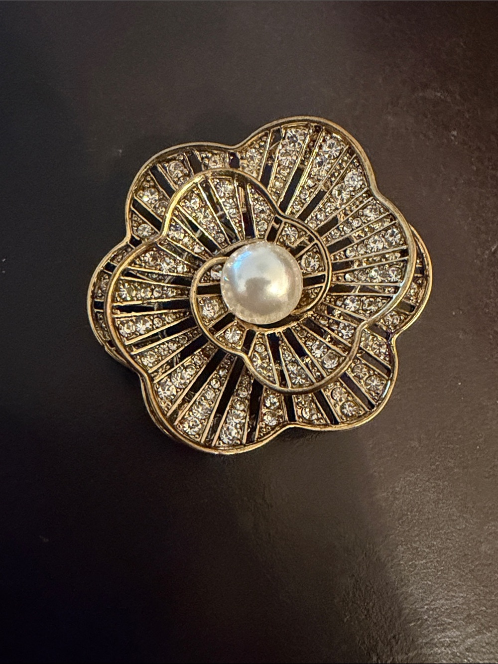 Napier Gold-Tone Floral faux Pearl Center Vintage Brooch with Crystal Accents